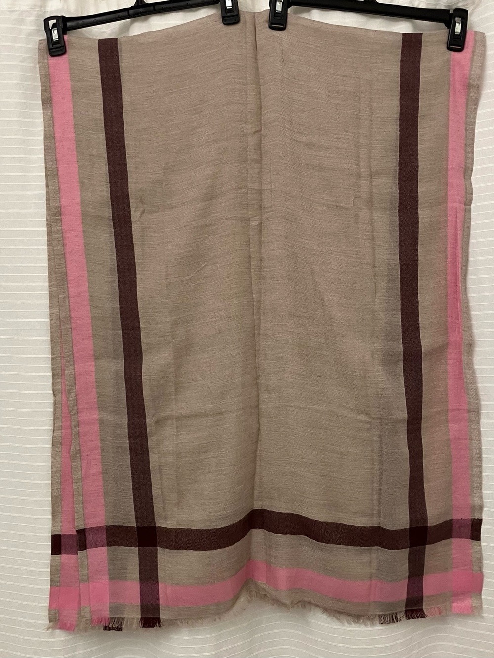 Talbots Pink Burgandy Taupe Plaid Fringe Scarf Wrap Shawl 72"x28"
